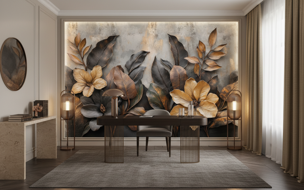 Papier peint tropical élégant fleurs dorées et feuilles exotiques - Bureau