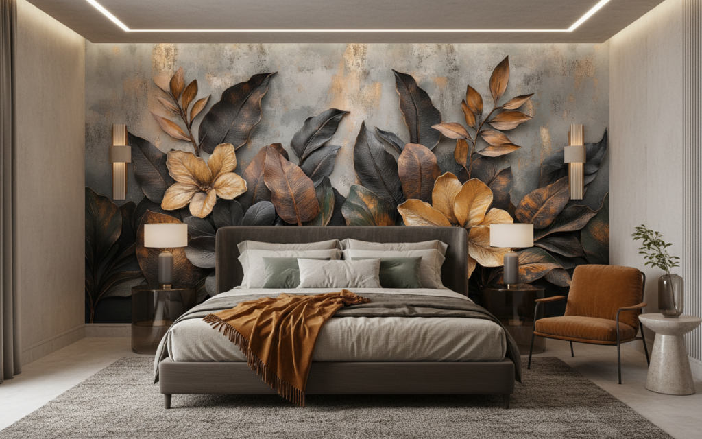 Papier peint tropical élégant fleurs dorées et feuilles exotiques - Chambre adulte