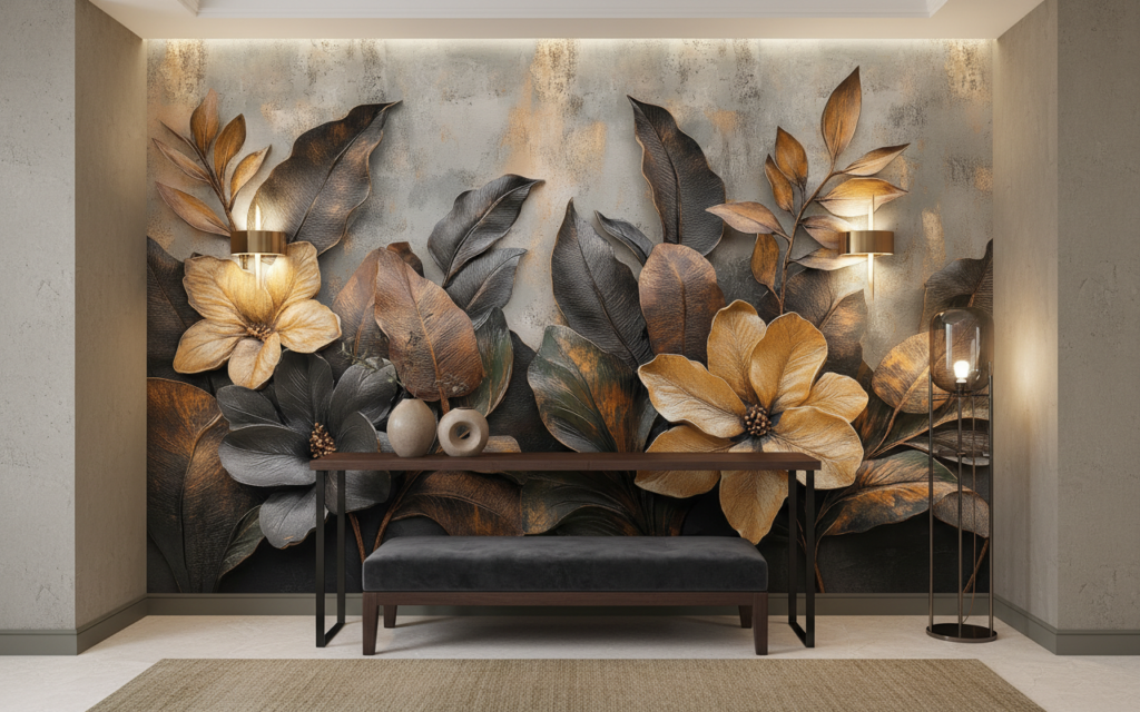 Papier peint tropical élégant fleurs dorées et feuilles exotiques - Entrée