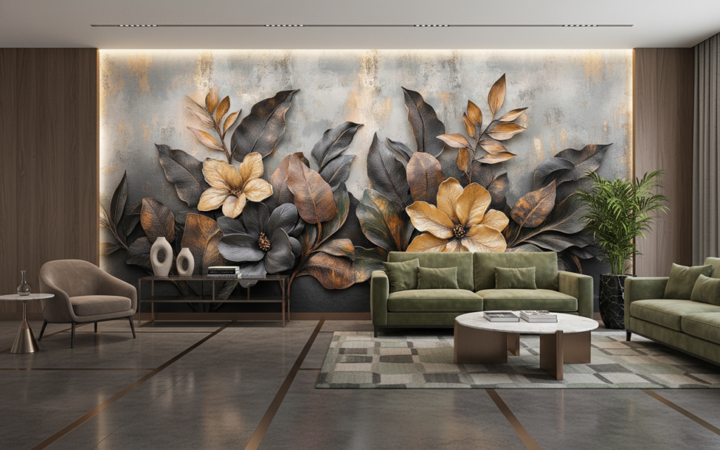 Papier peint tropical élégant fleurs dorées et feuilles exotiques - Hôtel