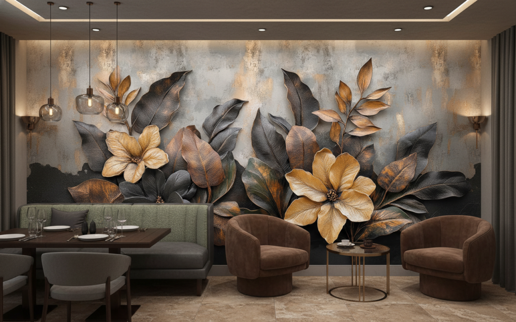 Papier peint tropical élégant fleurs dorées et feuilles exotiques - Restaurant