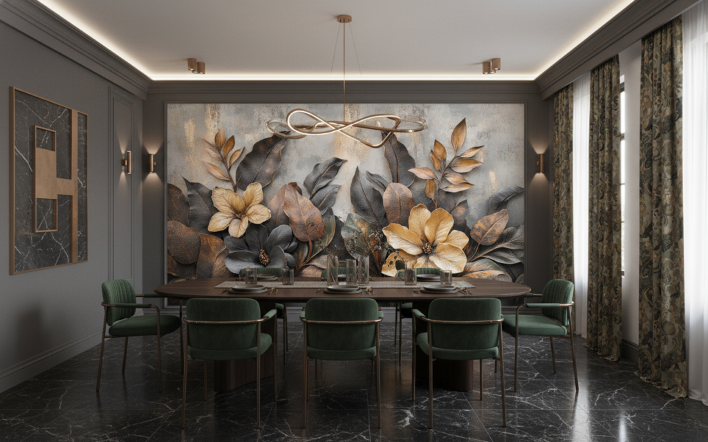 Papier peint tropical élégant fleurs dorées et feuilles exotiques - Salle à manger