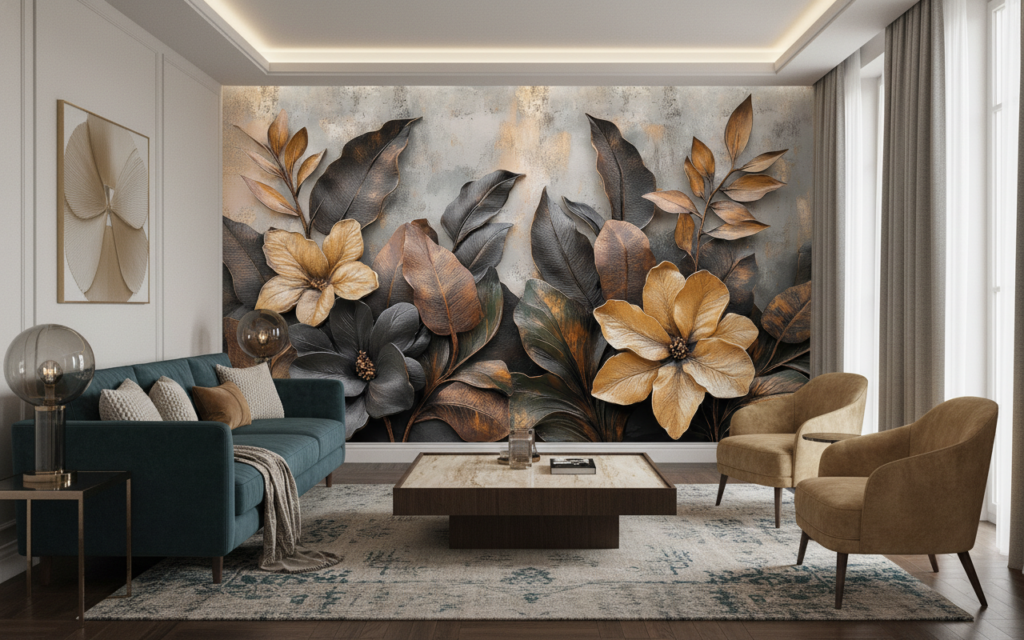 Papier peint tropical élégant fleurs dorées et feuilles exotiques - Salon / Séjour