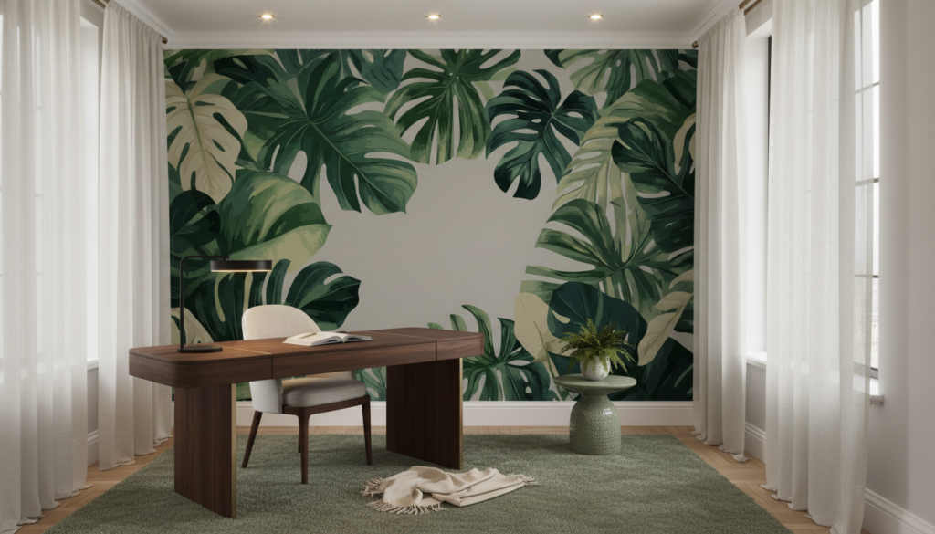 Papier peint tropical feuilles de monstera sur fond beige - Bureau