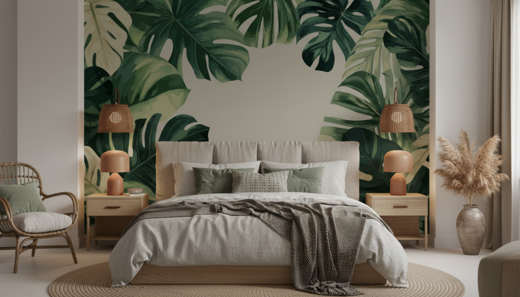 Papier peint tropical feuilles de monstera sur fond beige - Chambre adulte