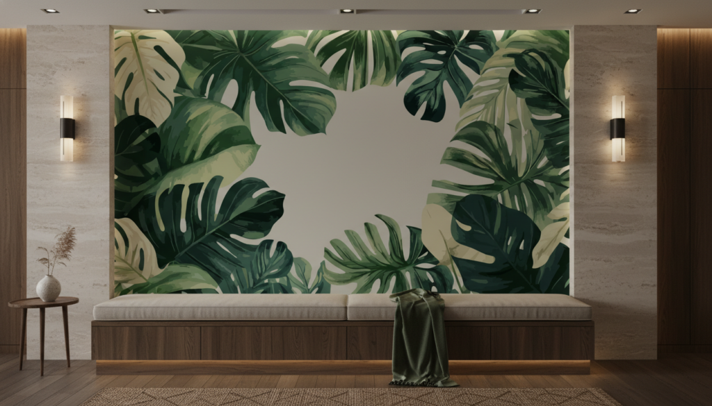 Papier peint tropical feuilles de monstera sur fond beige - Couloir