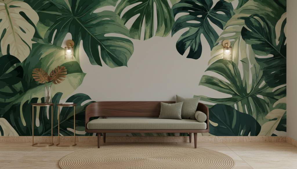 Papier peint tropical feuilles de monstera sur fond beige - Entrée