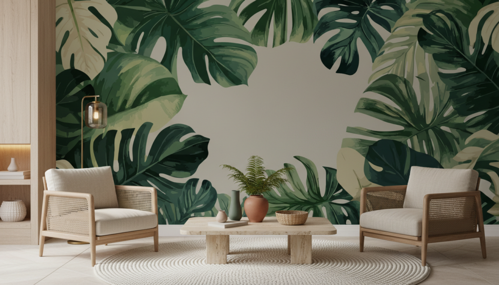 Papier peint tropical feuilles de monstera sur fond beige - Salon / Séjour