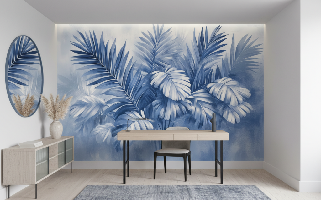 Papier peint tropical feuilles de palmier bleu aquarelle moderne - Bureau