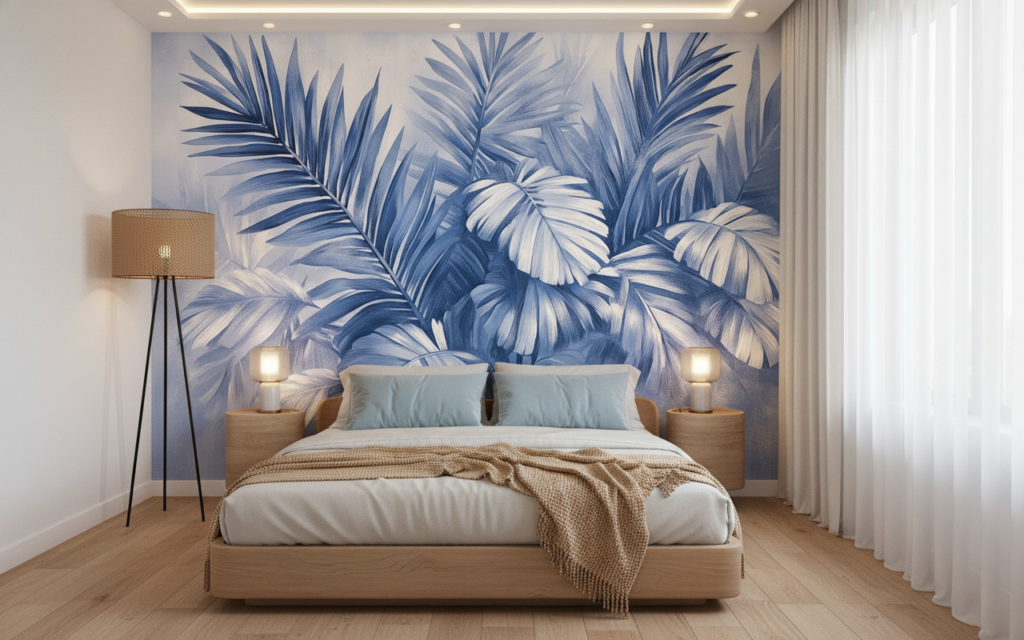 Papier peint tropical feuilles de palmier bleu aquarelle moderne - Chambre adulte