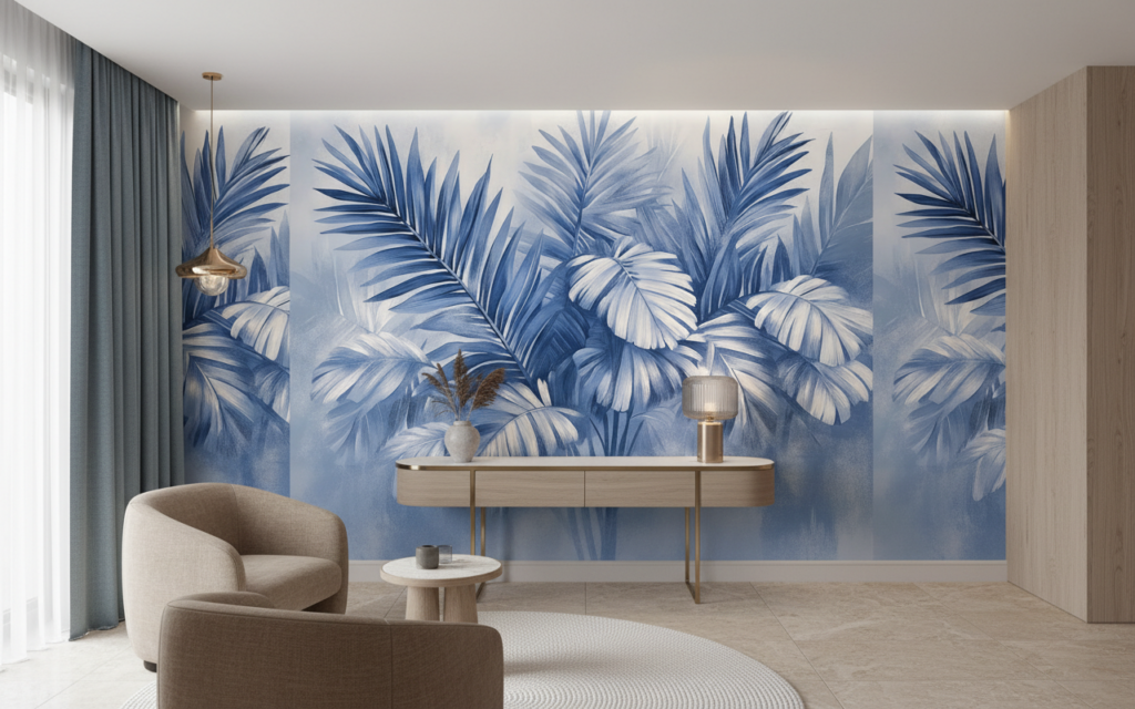 Papier peint tropical feuilles de palmier bleu aquarelle moderne - Hôtel