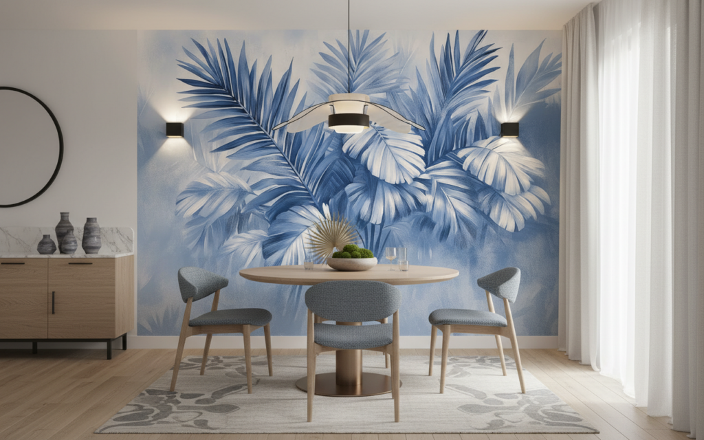 Papier peint tropical feuilles de palmier bleu aquarelle moderne - Salle à manger