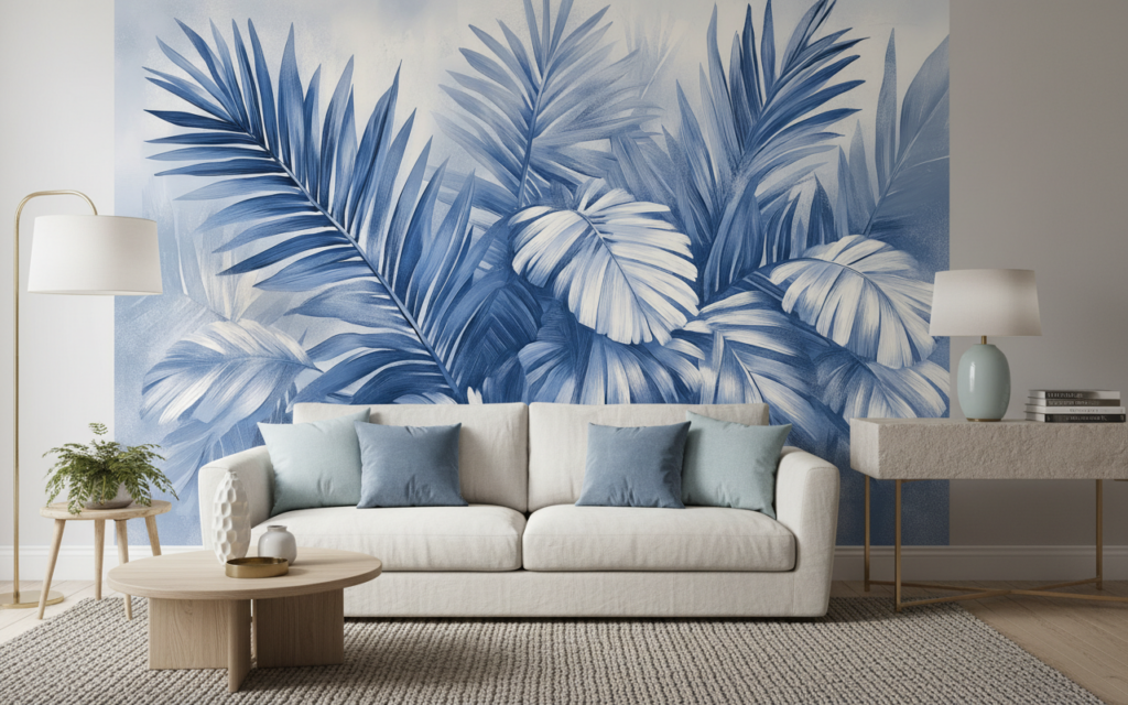 Papier peint tropical feuilles de palmier bleu aquarelle moderne - Salon / Séjour