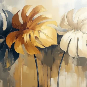 Papier Peint Tropical Monstera Délicata aux Tons Dorés et Bleus