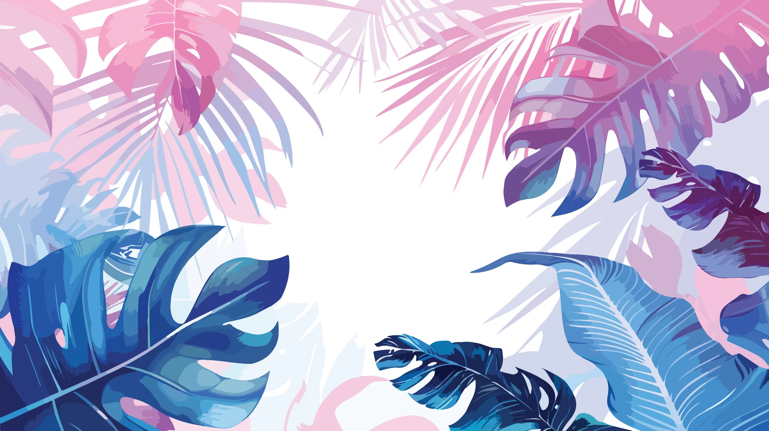 Papier peint tropical gradient rose et bleu feuillage exotique
