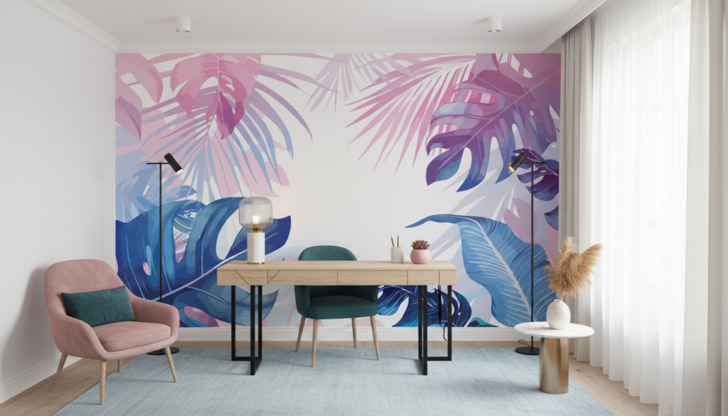 Papier peint tropical gradient rose et bleu feuillage exotique - Bureau