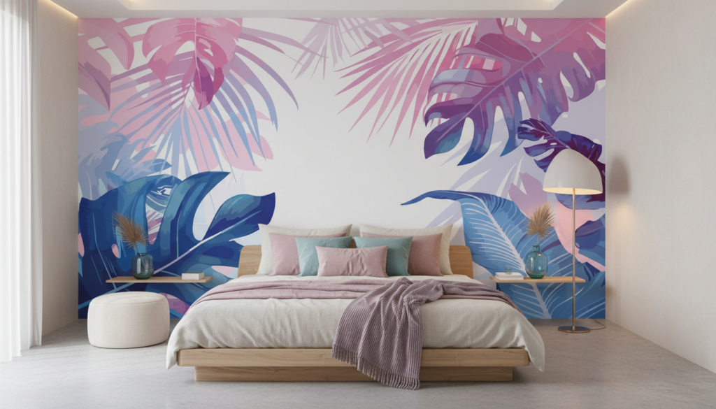Papier peint tropical gradient rose et bleu feuillage exotique - Chambre adulte