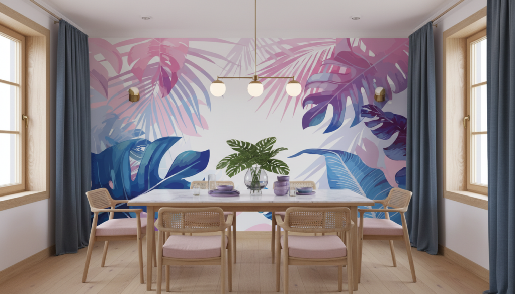 Papier peint tropical gradient rose et bleu feuillage exotique - Salle à manger