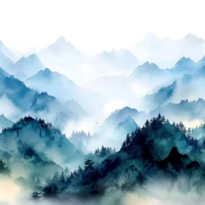 Papier peint panoramique montagnes brumeuses style aquarelle bleu