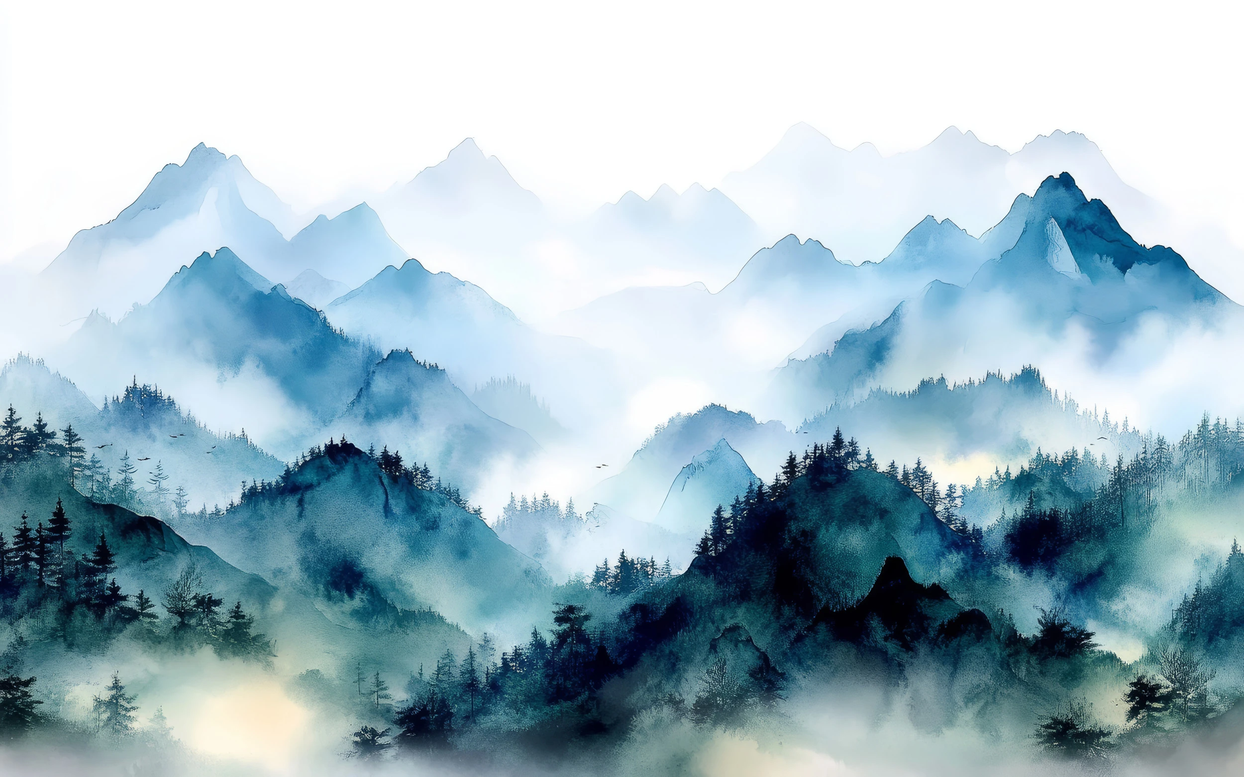 Papier peint panoramique montagnes brumeuses style aquarelle bleu