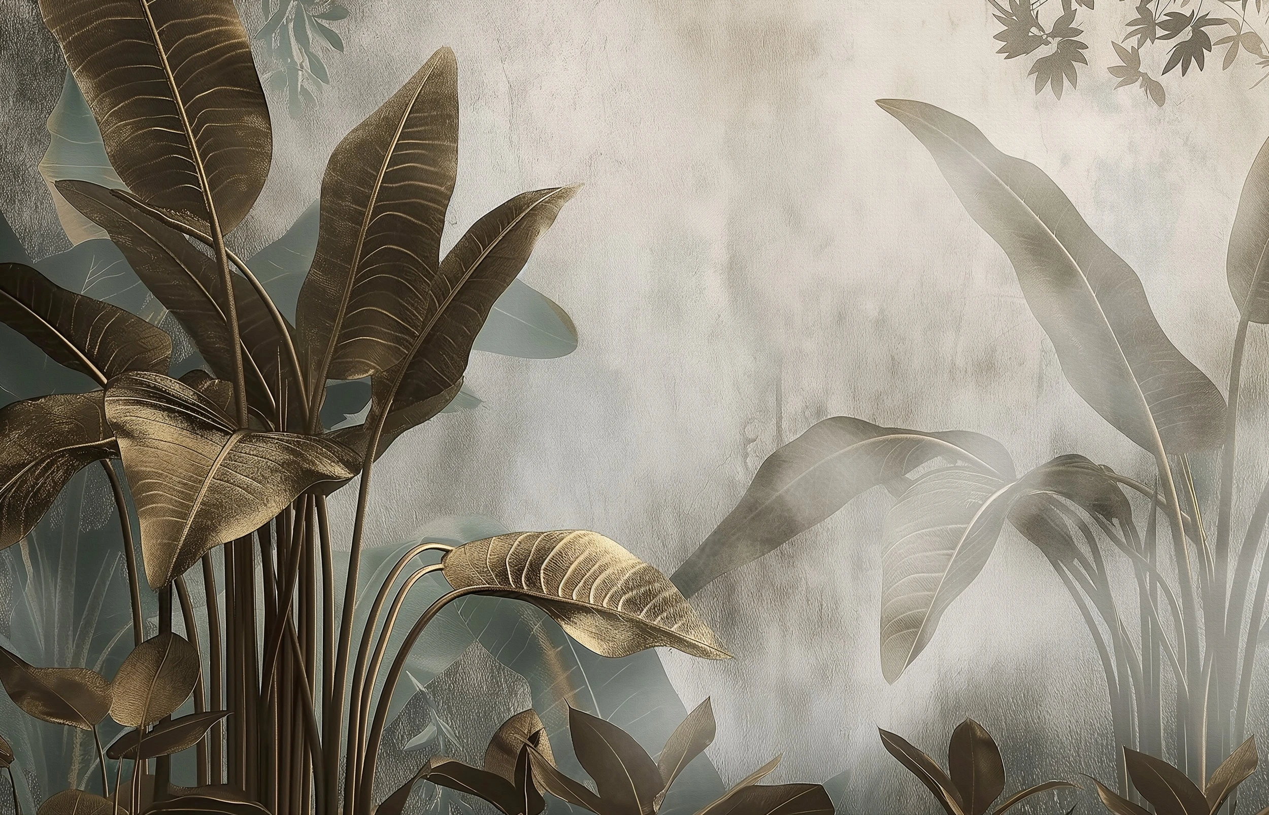 Papier peint tropical luxueux aux feuilles dorées et beiges