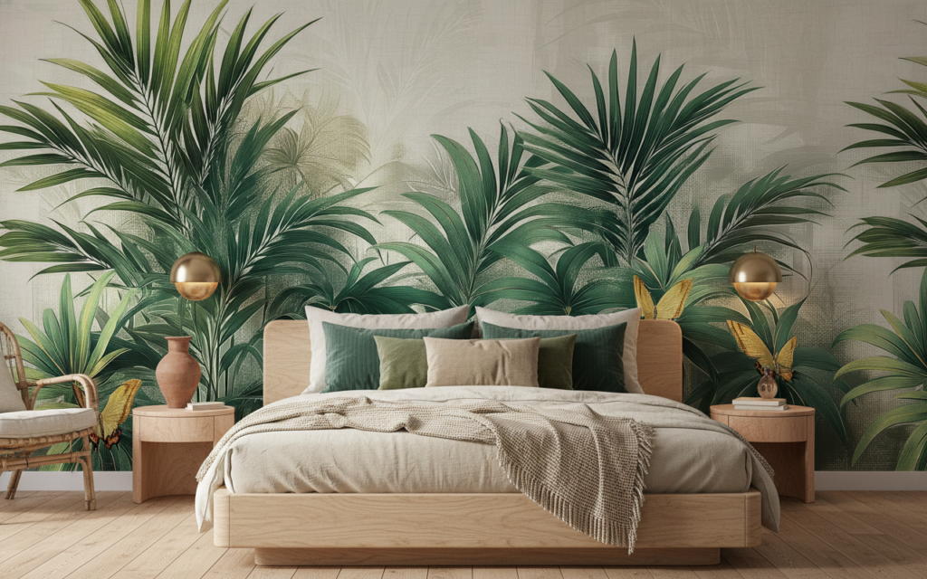 Papier peint tropical luxueux avec palmiers et papillons dorés - Chambre adulte