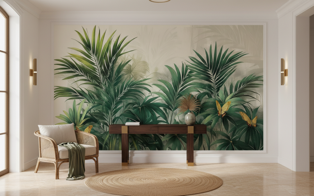 Papier peint tropical luxueux avec palmiers et papillons dorés - Entrée