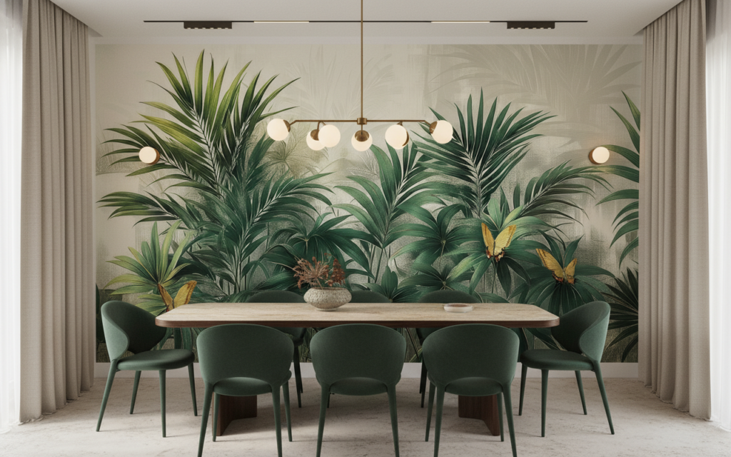 Papier peint tropical luxueux avec palmiers et papillons dorés - Salle à manger