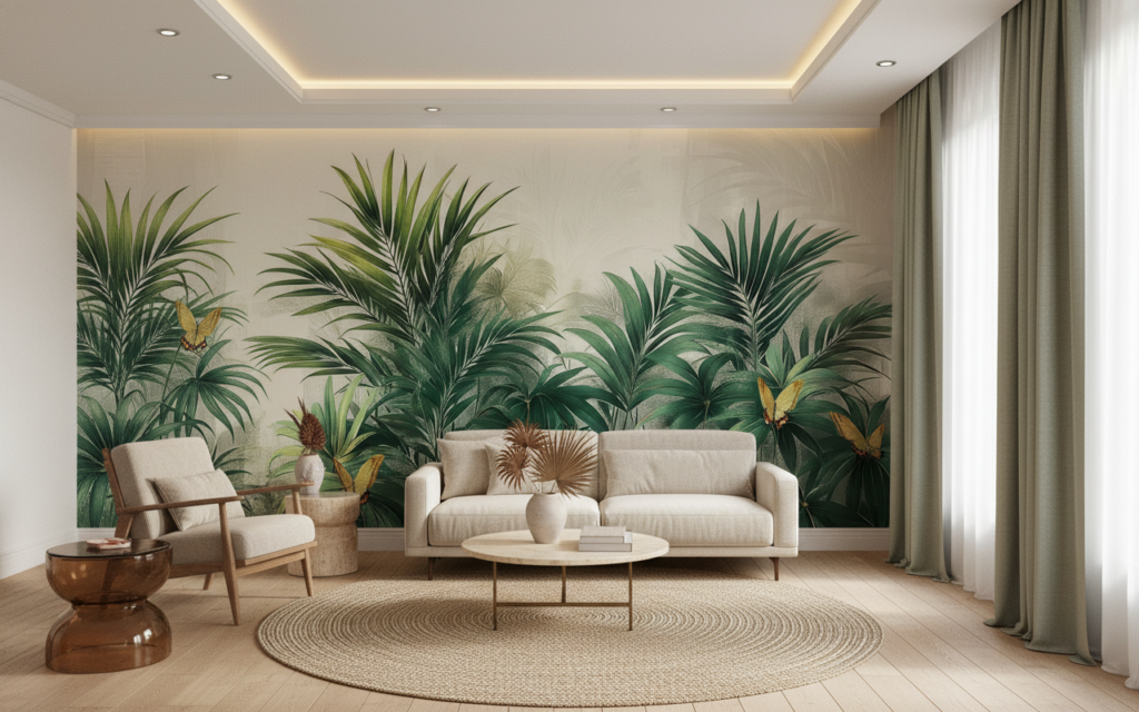 Papier peint tropical luxueux avec palmiers et papillons dorés - Salon / Séjour