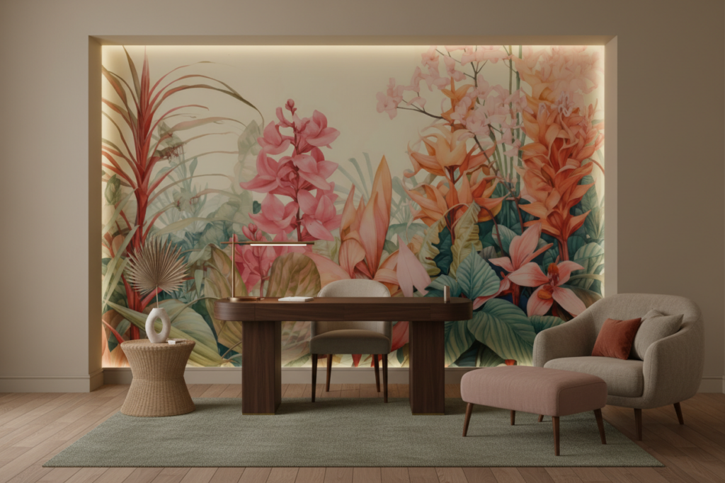 Papier peint tropical luxuriant aux orchidées roses et oranges - Bureau