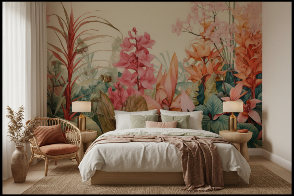 Papier peint tropical luxuriant aux orchidées roses et oranges - Chambre adulte