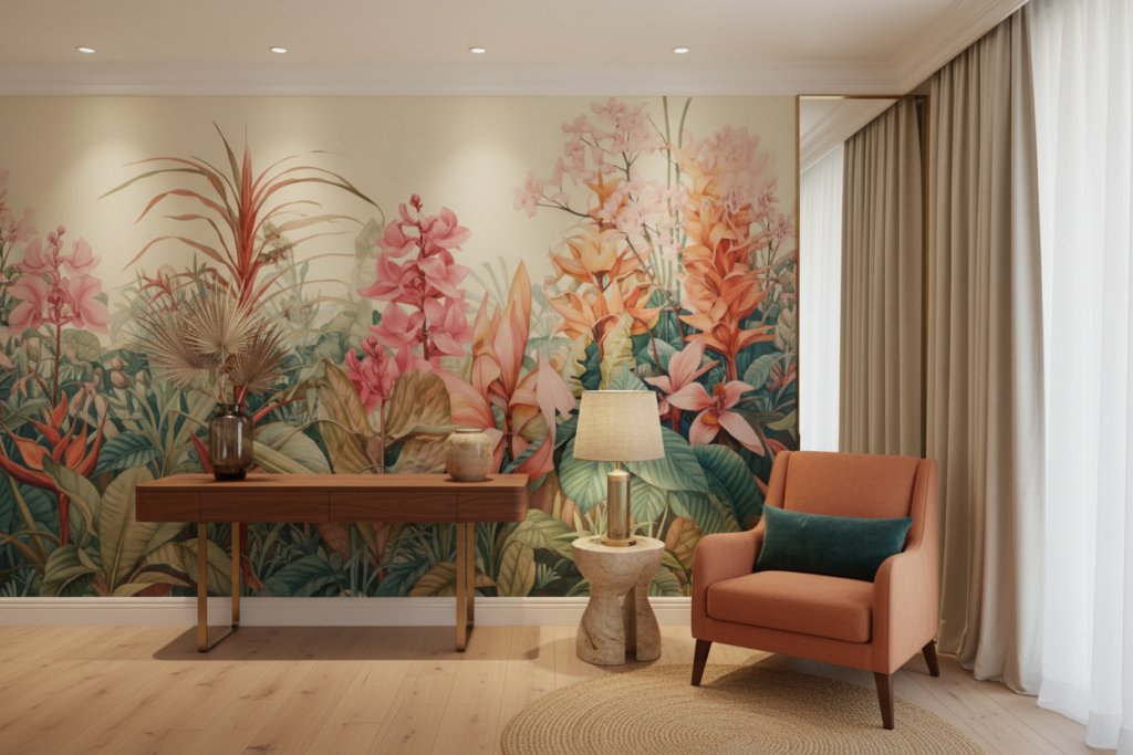 Papier peint tropical luxuriant aux orchidées roses et oranges - Hôtel