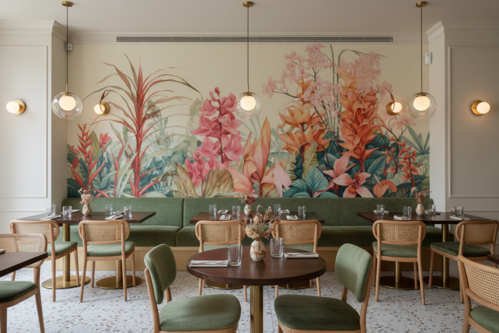 Papier peint tropical luxuriant aux orchidées roses et oranges - Restaurant