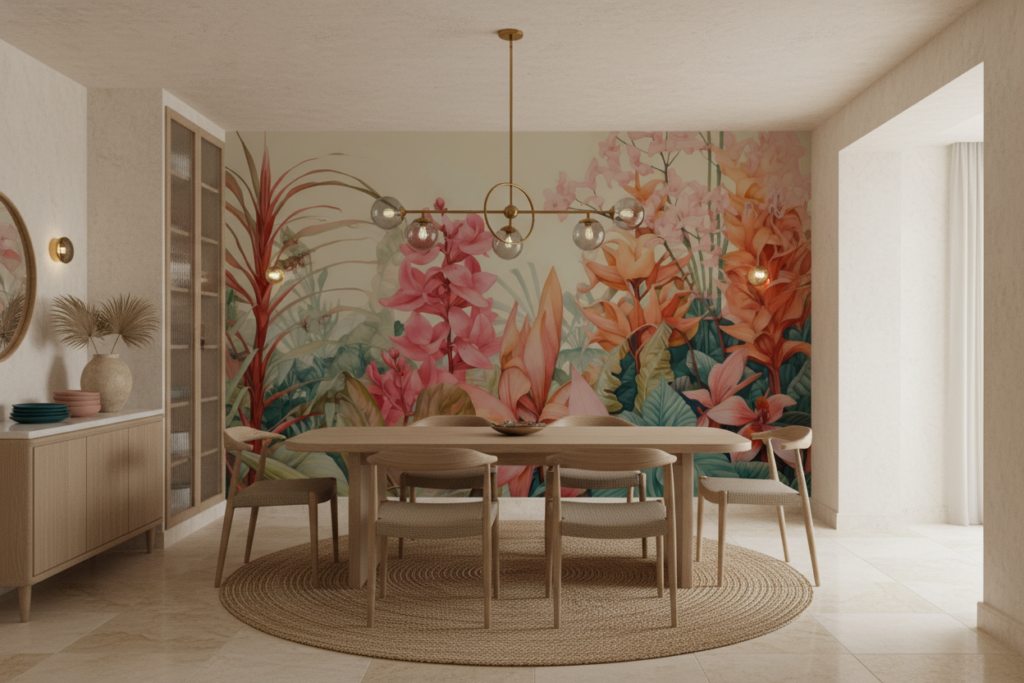 Papier peint tropical luxuriant aux orchidées roses et oranges - Salle à manger