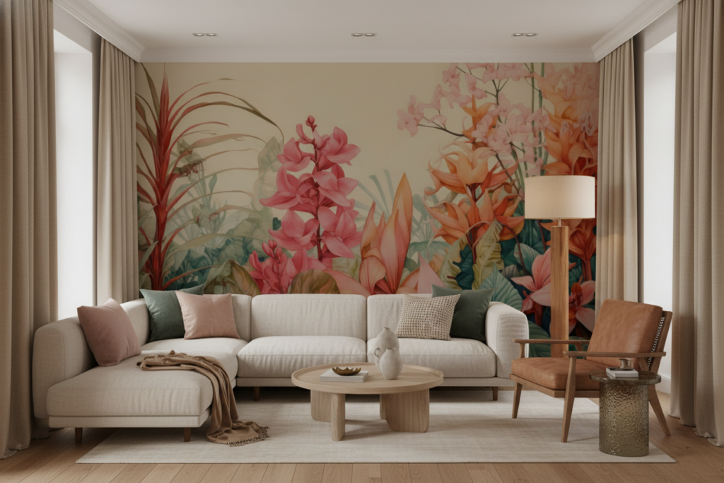 Papier peint tropical luxuriant aux orchidées roses et oranges - Salon / Séjour