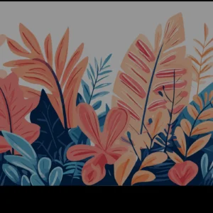 Papier peint tropical moderne avec feuillages stylisés corail et bleu