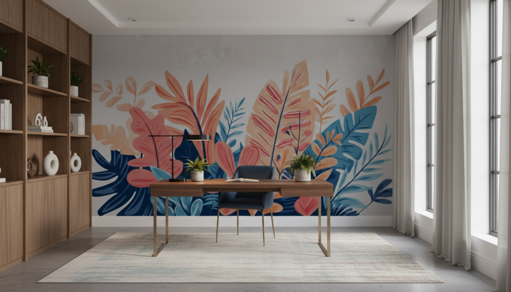 Papier peint tropical moderne avec feuillages stylisés corail et bleu - Bureau