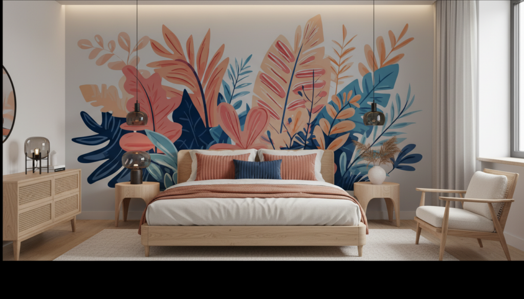 Papier peint tropical moderne avec feuillages stylisés corail et bleu - Chambre adulte