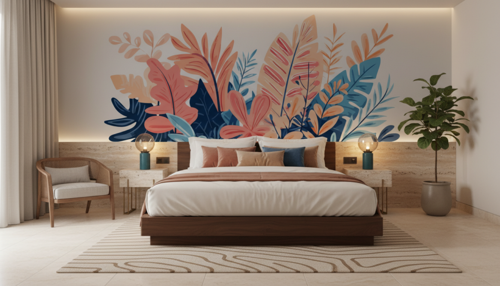 Papier peint tropical moderne avec feuillages stylisés corail et bleu - Hôtel