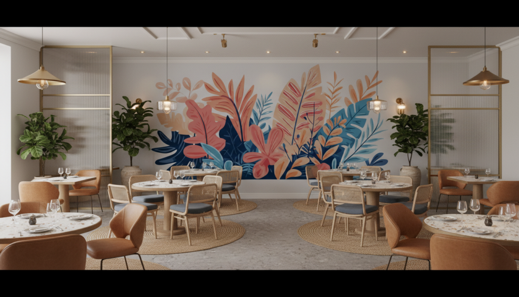 Papier peint tropical moderne avec feuillages stylisés corail et bleu - Restaurant