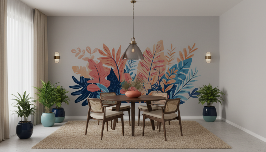 Papier peint tropical moderne avec feuillages stylisés corail et bleu - Salle à manger