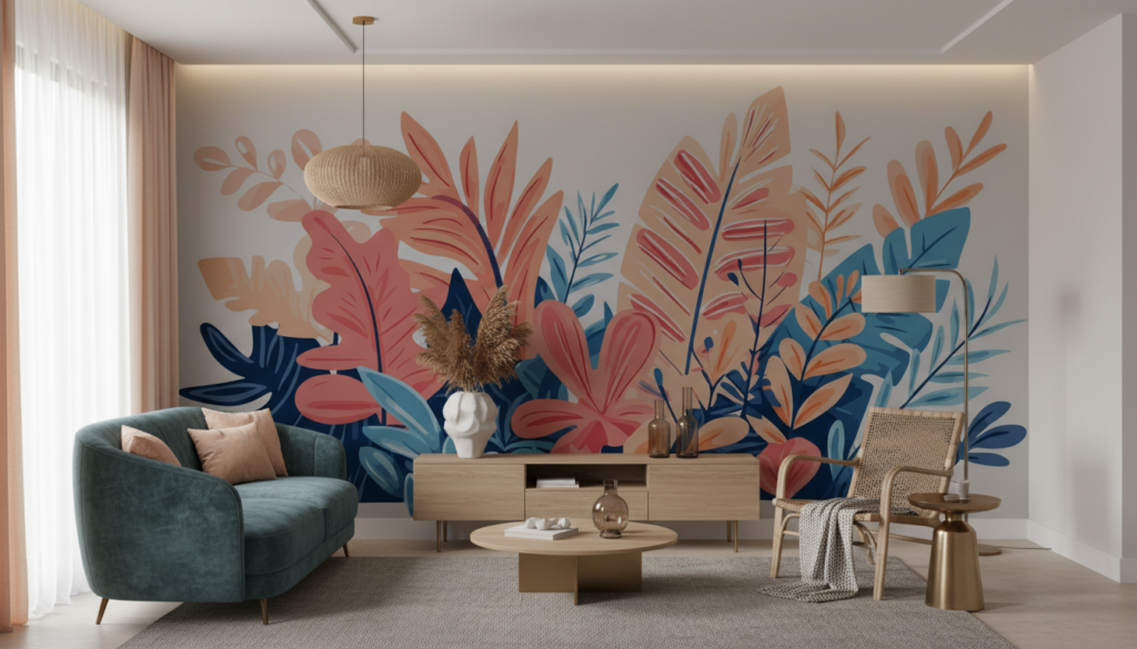 Papier peint tropical moderne avec feuillages stylisés corail et bleu - Salon / Séjour