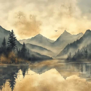 Paysage Montagneux Brumeux avec Lac et Forêts de Conifères