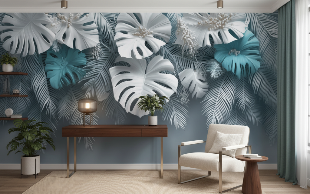 Papier Peint Tropical Moderne Feuilles Monstera Bleu Turquoise - Bureau