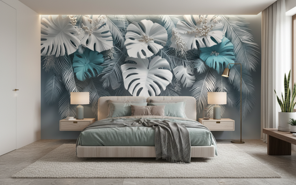 Papier Peint Tropical Moderne Feuilles Monstera Bleu Turquoise - Chambre adulte