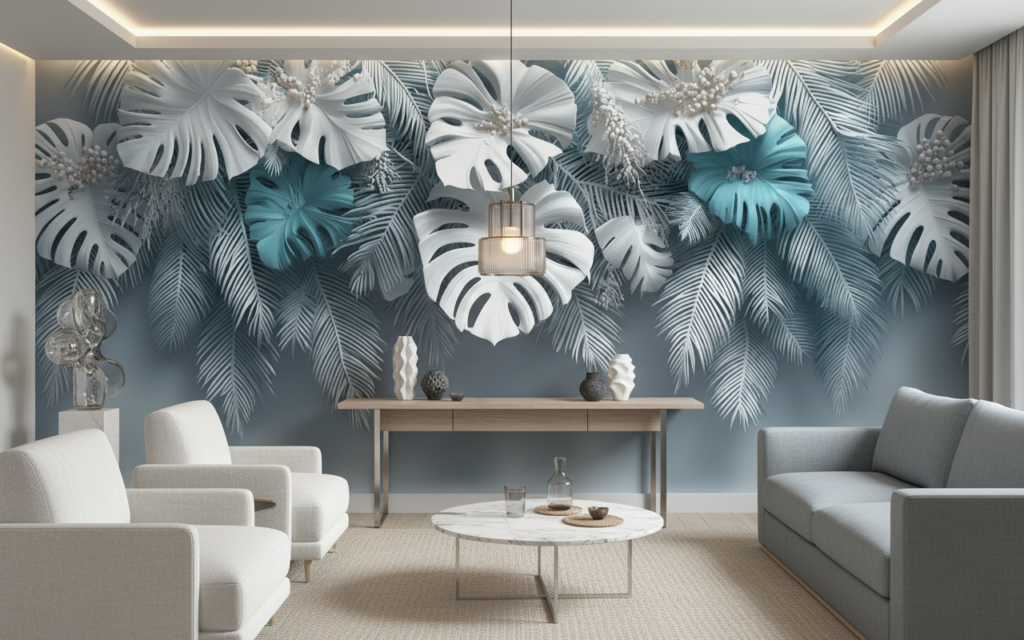 Papier Peint Tropical Moderne Feuilles Monstera Bleu Turquoise - Hôtel