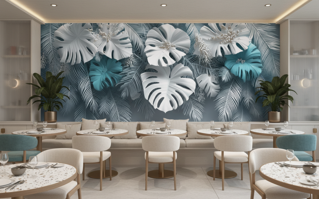 Papier Peint Tropical Moderne Feuilles Monstera Bleu Turquoise - Restaurant