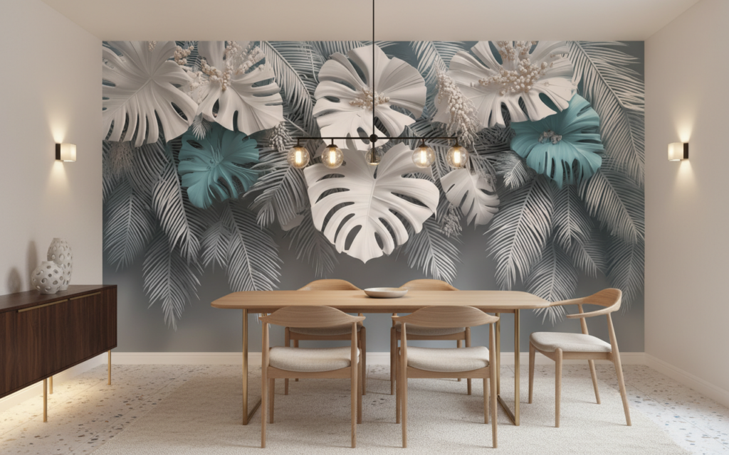 Papier Peint Tropical Moderne Feuilles Monstera Bleu Turquoise - Salle à manger