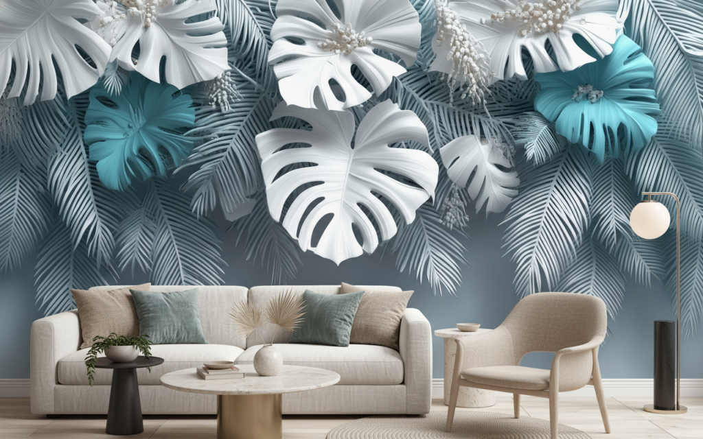 Papier Peint Tropical Moderne Feuilles Monstera Bleu Turquoise - Salon / Séjour
