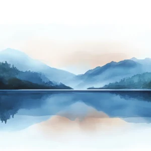 Paysage montagneux bleu avec reflets sur lac paisible et brume